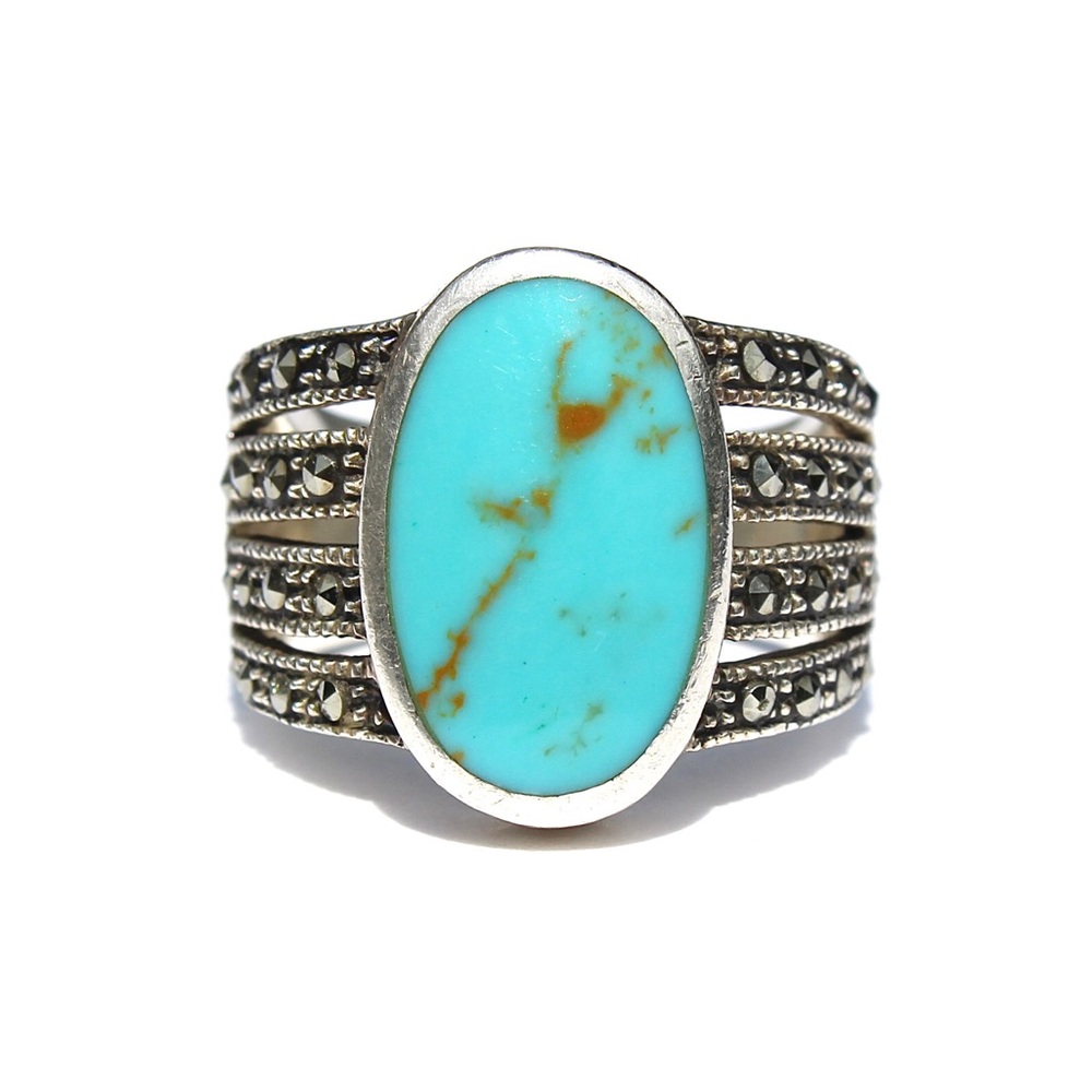 Vintage Turquoise Marcasite Sterling Silver Ring